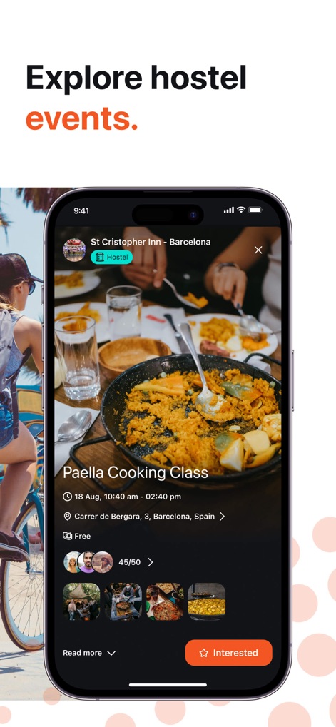 Hostelworld: Hostel Travel App - Users can explore hostel-organized events such as a "Paella Cooking Class" with full details on date and location, and easily express interest via the visible "Interested" button.