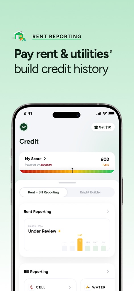 Bright: Loans & Credit Builder - La función de "RENT REPORTING" ayuda a "construir historial de crédito" al reportar el alquiler, mostrando un estado de "Under Review" para marzo de 2024 y opciones de "Bill Reporting".