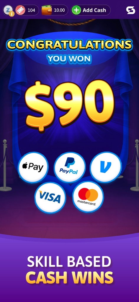 Solitaire Skillz - Win Cash - Tras una victoria, se presenta al usuario la suma de $90 ganados y las múltiples opciones de retiro, incluyendo Apple Pay y PayPal, lo que demuestra la facilidad para acceder a las recompensas.