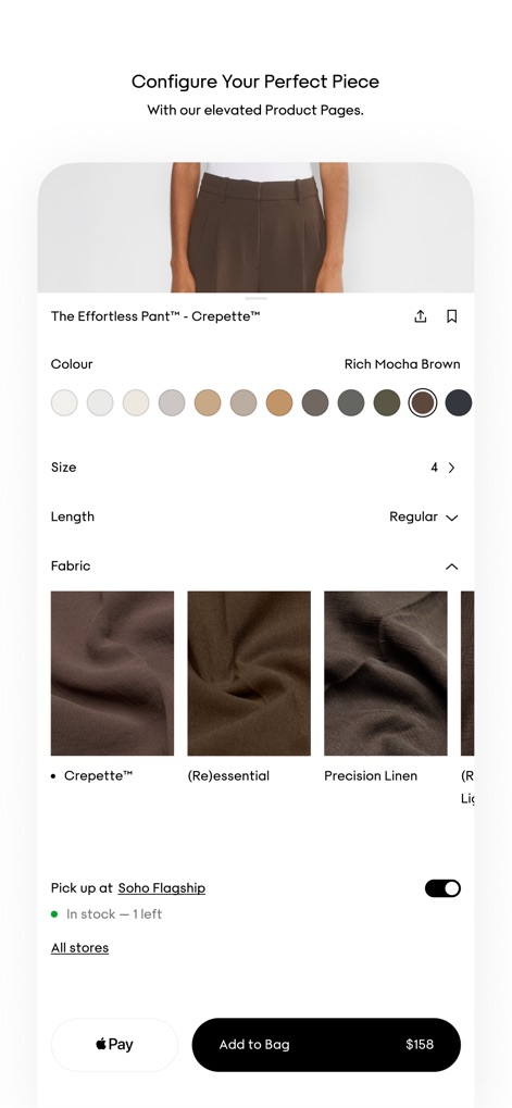 Aritzia - ユーザーは、「The Effortless Pant™」の商品ページで、カラー、サイズ、丈、生地といった詳細なオプションを自在に設定し、高品質な生地のプレビュー画像で選択をサポートします。