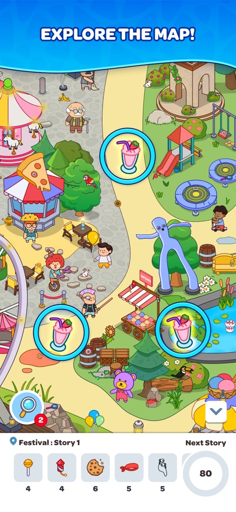 Hidden Tales - Find Objects! - Navigate dynamic and detailed environments, such as this bustling festival map, while identifying multiple highlighted objects to progress through the story.