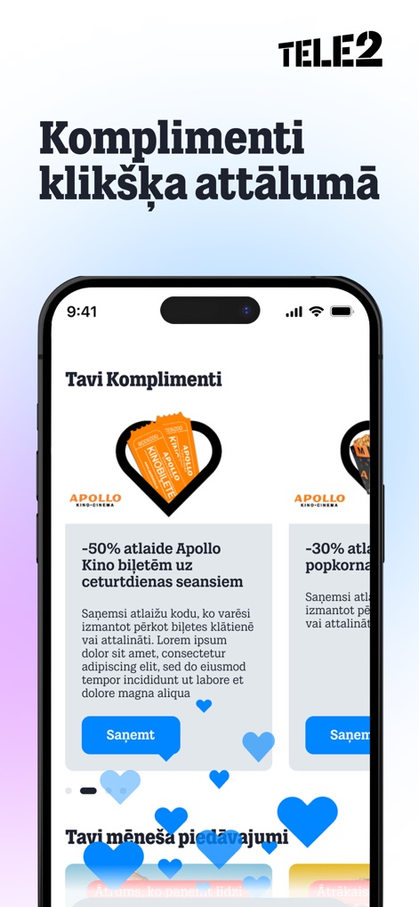 Mans Tele2 - Os usuários têm acesso a 'Tavi Komplimenti', que incluem ofertas como '-50% atlaiide uz Apollo Kino biļetēm', e promoções mensais visíveis no banner inferior.