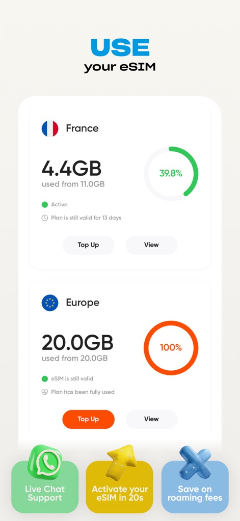 Simly - eSIM Internet Plans - La interfaz de uso del eSIM permite a los usuarios monitorear su consumo de datos con indicadores visuales claros, como el estado de 'France: 4.4GB used from 11.0GB' y el de 'Europe: 20.0GB used from 20.0GB'. Adicionalmente, ofrece accesos directos a funciones esenciales como el 'Live Chat Support' y la rápida activación del 'eSIM en 20s', garantizando un soporte eficiente.