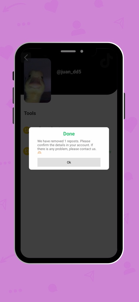 SocialAut - Users receive immediate confirmation of successful actions, with a message detailing the number of reposts removed and an "Ok" button to proceed.