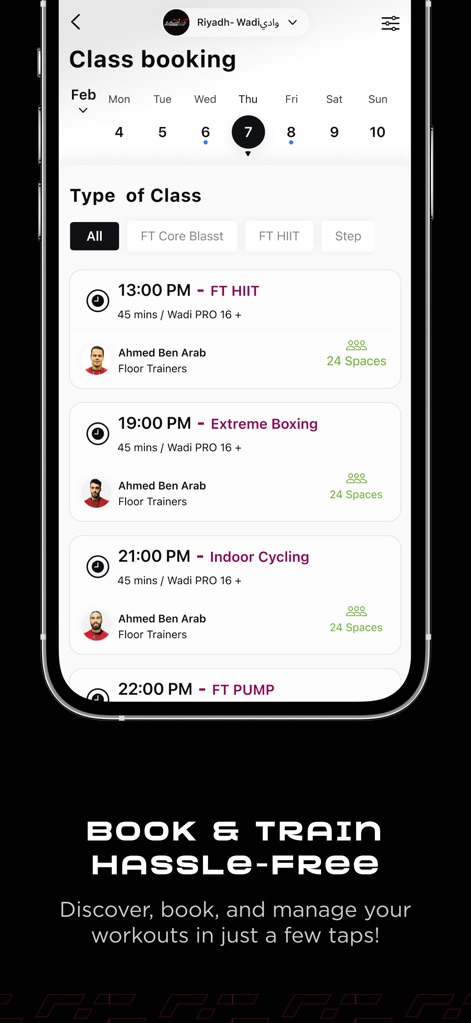 Fitness Time | وقت اللياقة - The app provides an intuitive calendar for scheduling classes and shows the available spaces for each activity.