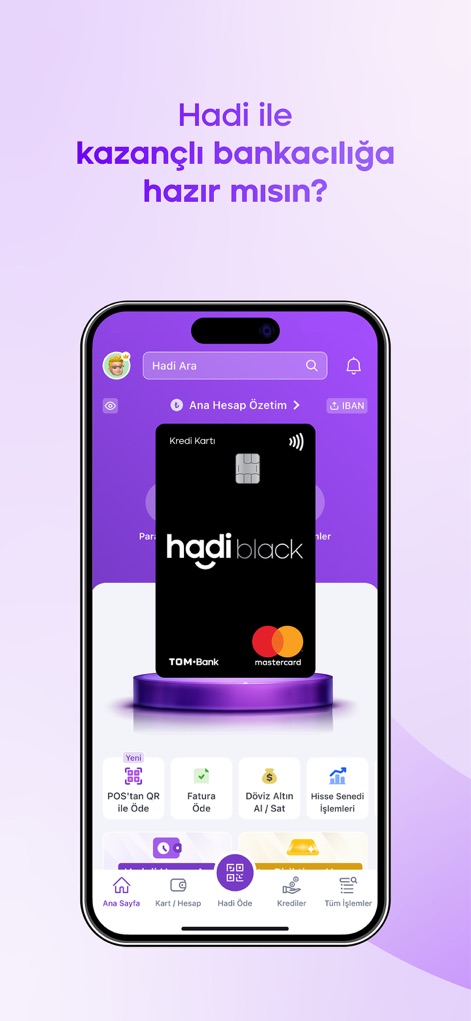 TOM Bank Hadi - See how the Hadi Black credit card is central to the app's interface, offering quick access to essential features like bill payments and foreign exchange transactions.