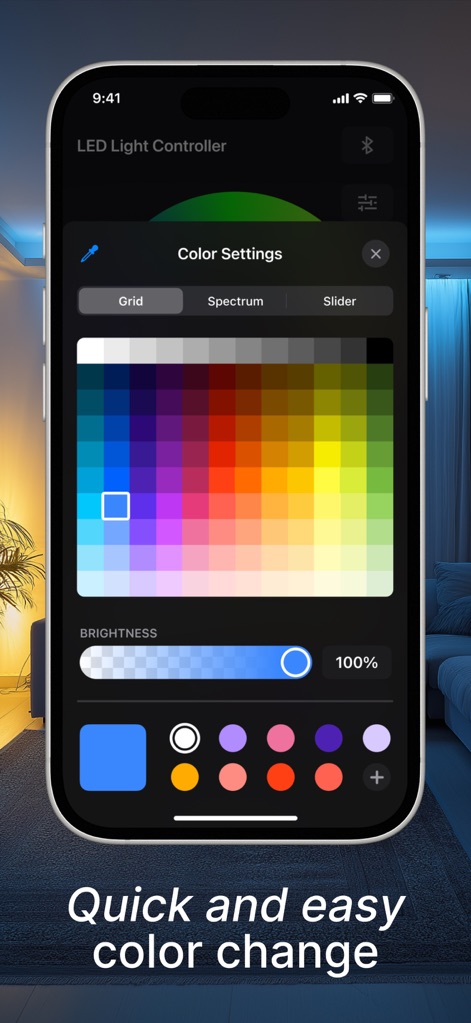 LED light controller LED lamp - Los usuarios exploran la paleta de colores mediante una cuadrícula detallada y ajustan la intensidad con un control deslizante de brillo, facilitando una personalización rápida.