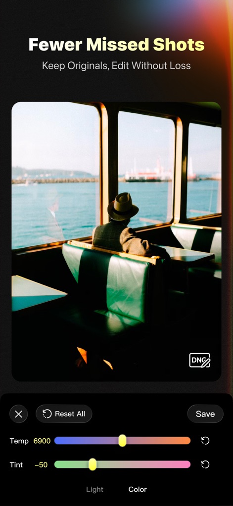 Kapi Cam - Y2K & CCD Camera - Explore the robust editing suite featuring the 'Fewer Missed Shots' assurance and precise control over visual parameters like temperature (Temp) and tint adjustments.