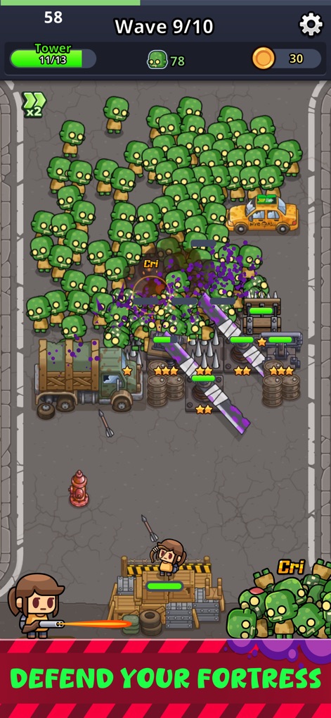 Zombie Fortress: Trap Defense - Observe the intense action as multiple advanced defensive turrets engage overwhelming zombie hordes in later, more challenging waves.