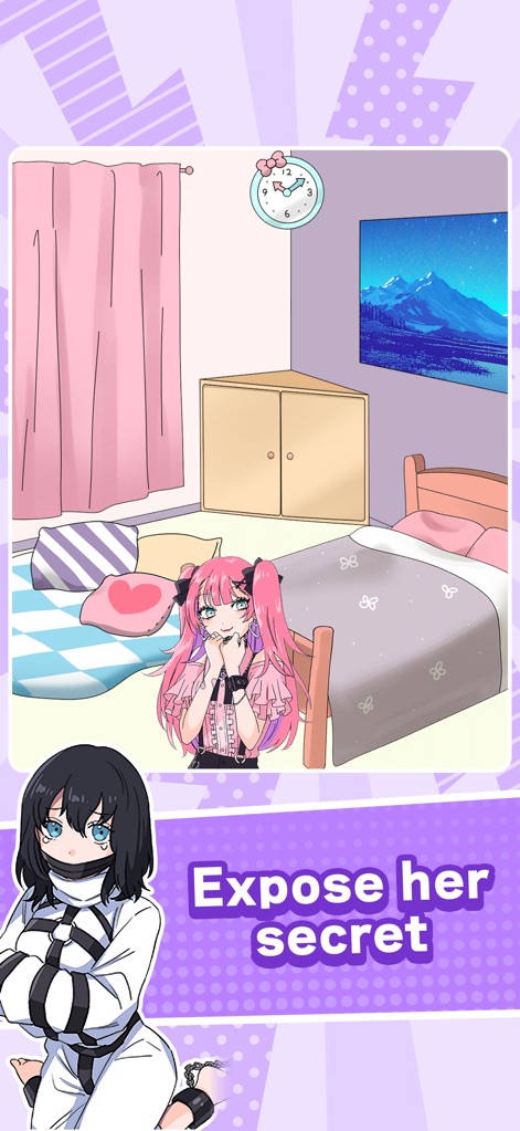 Tricky Mean - Brain puzzle - Discover intriguing puzzles that challenge users to 'Expose her secret,' featuring a girl with pink hair and a hidden clock on the wall.