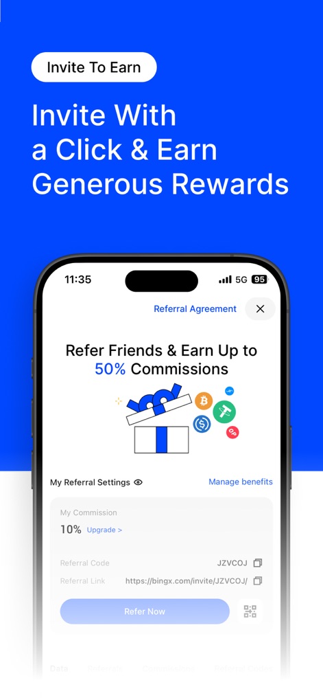BingX Pro - This platform allows users to easily refer friends, offering generous commission rates and clear management options for their referral benefits.