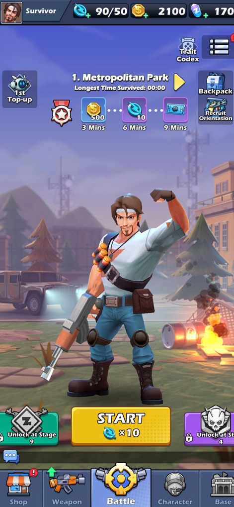 Zombie Waves-shooting game - The app's main interface displays character customization and stage selection options, complemented by clear currency and resource indicators.