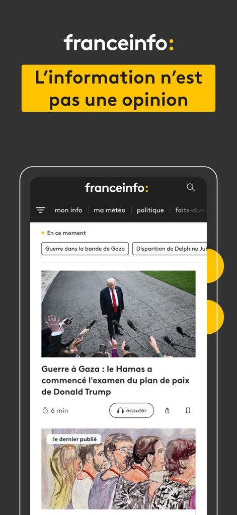 franceinfo: l’info en continu - Users can seamlessly navigate the main news feed, featuring prominent article headlines and a clear top navigation bar for diverse topics.