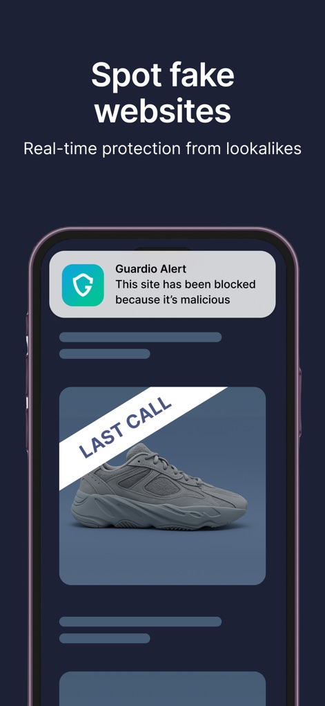 Guardio - Mobile Security - Guardio provides real-time protection by blocking malicious websites, as demonstrated by the 'Guardio Alert' notification and the blocked fraudulent product page.