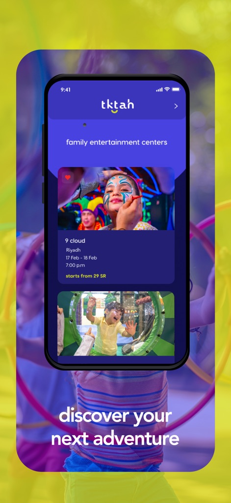 tktah - This tool highlights family-friendly experiences, showcasing detailed event listings with clear pricing, like 'starts from 29 SR', and captivating images of entertainment centers.
