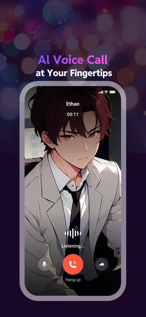 Linky AI: AI Chat&Char Maker - Experience immersive AI voice calls, featuring a lifelike AI character 'Ethan' displayed on screen and real-time 'Listening...' feedback with intuitive call controls.