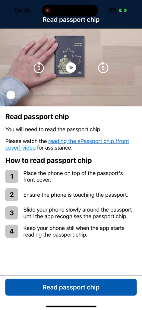 AustralianETA - Gli utenti sono istruiti su come leggere il chip ePassport, con passaggi dettagliati e un video che mostra la corretta procedura di posizionamento del telefono.