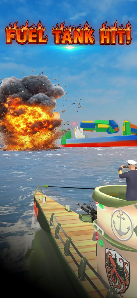 Uboat: Sea War - The prominent 'FUEL TANK HIT!' notification and the massive explosion on an enemy vessel immerse players in the immediate and catastrophic results of precise attacks from the submarine deck.