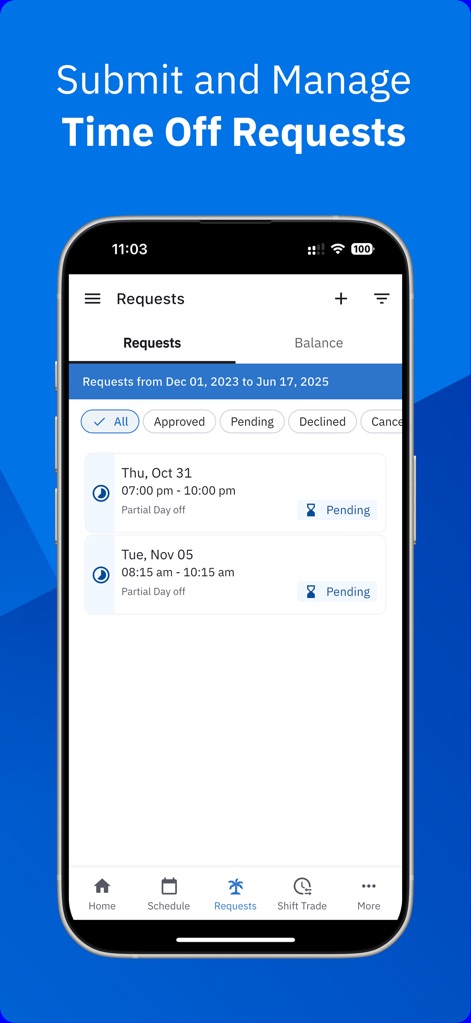 Workcloud Shift - Users can manage their "Requests" with filters for "Approved" and "Pending" statuses, ensuring clear oversight of time-off submissions.