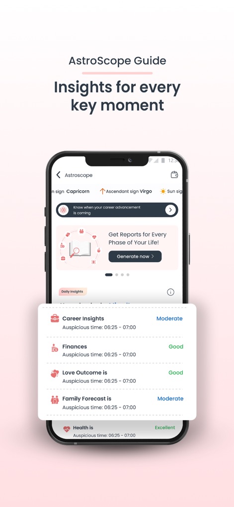 Anytime Astro Live Chat & Talk - Users can navigate through personalized daily insights across categories like "Career Insights" and "Finances," complete with auspicious timing indications for guidance.
