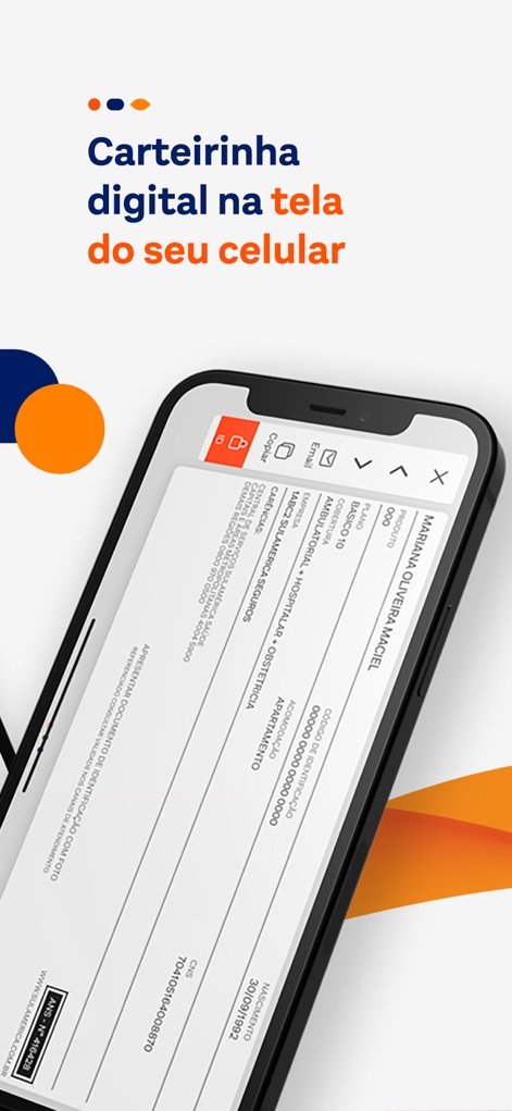 SulAmérica Saúde - Esta vista muestra la "carteirinha digital" de forma clara, con opciones para "Copiar" y "Email" para mayor comodidad del usuario.