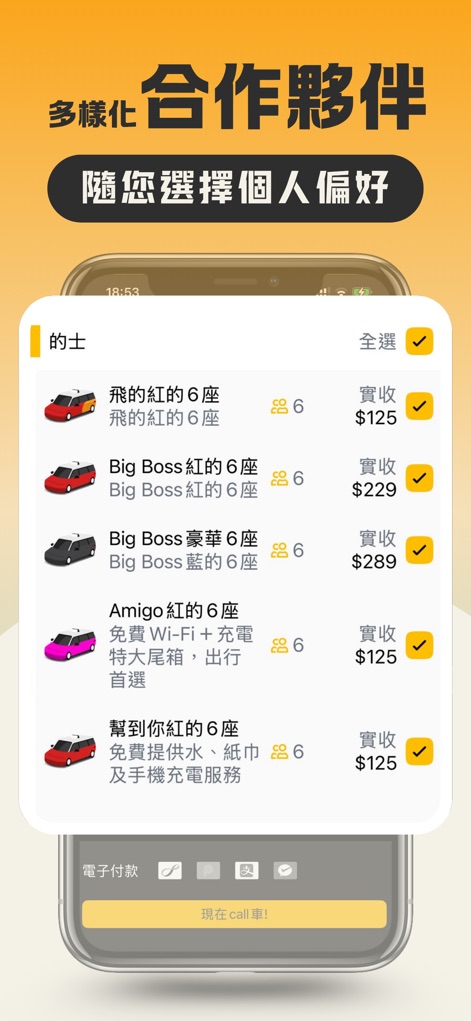 Fly Taxi 的士 - HK Taxi Call App - The app offers diverse taxi options, including different capacity 6-seaters and specific amenities like Wi-Fi, with transparent pricing for every preference.