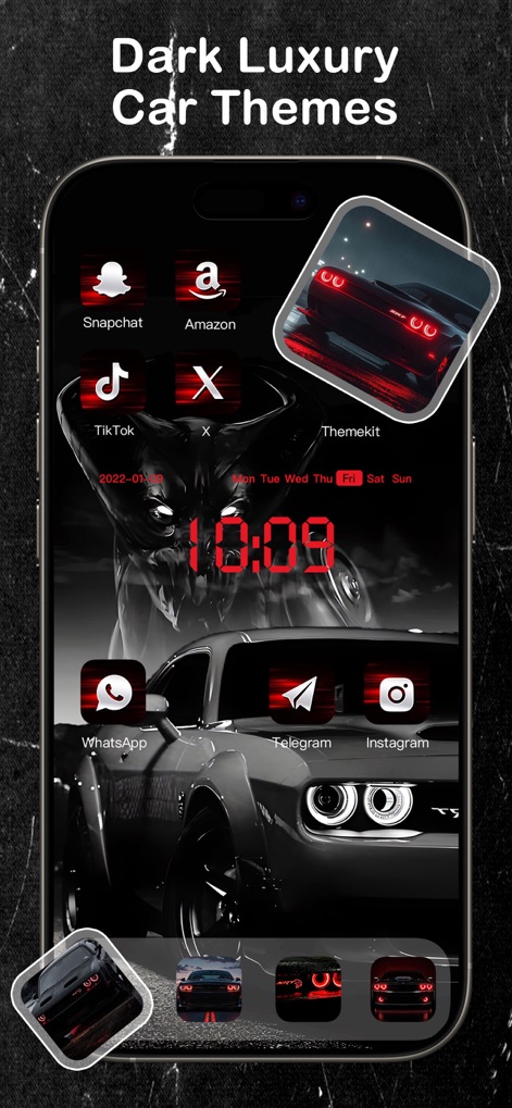 Themelia: Theme & Widget - La aplicación ofrece temas sofisticados que incluyen impactantes diseños de coches de lujo y widgets con detalles en rojo vibrante para una estética potente y audaz.