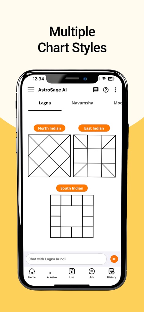 AstroSage Kundli: AI Astrology - 이 앱은 'North Indian'과 'South Indian'과 같은 세 가지 주요 차트 스타일을 시각적으로 구분하여 사용자에게 제공합니다.
