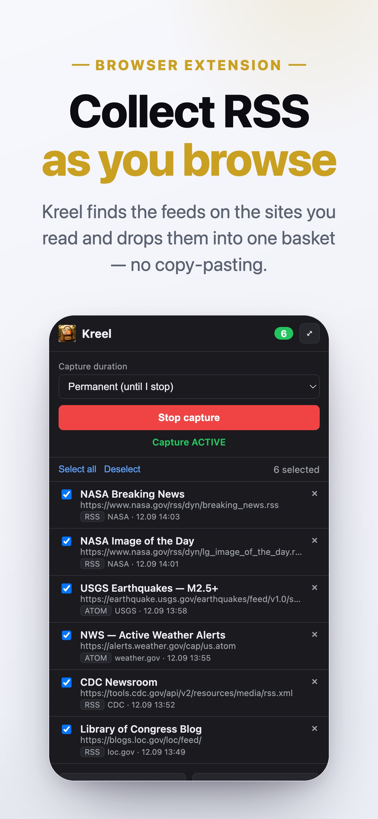 Screenshot 1 of Kreel Feed Collector
