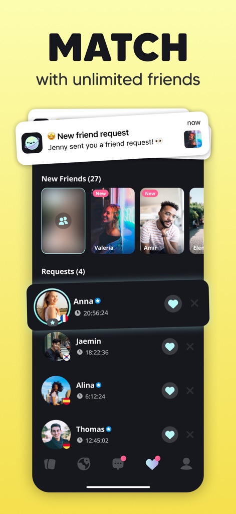 Moji – Korea & Japan Friends - Explore the streamlined process for receiving new friend requests and managing connections within a clear, organized friends list.
