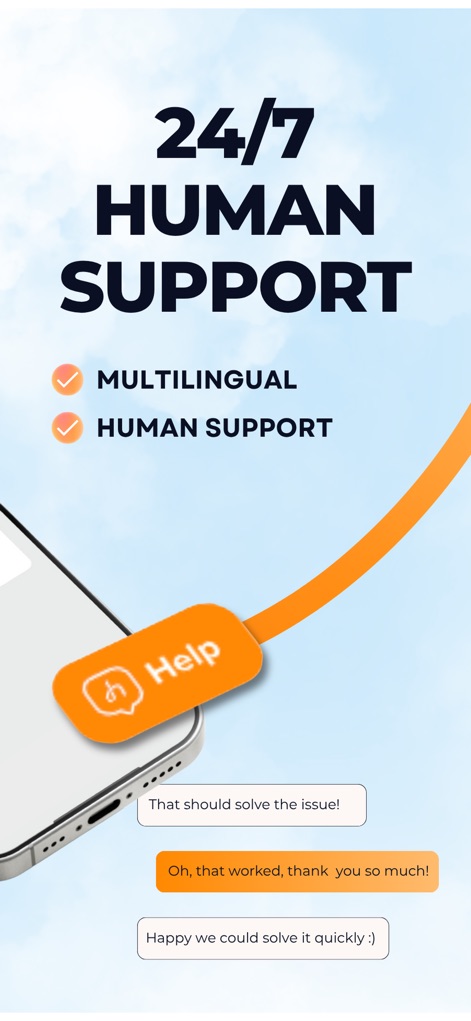 HUBBY eSIM - Witness the app's commitment to user support, featuring a visible 'Help' button and a responsive, real-time chat conversation interface for immediate assistance.