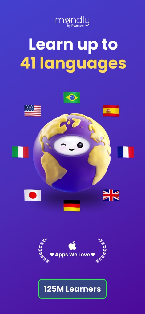 Mondly: Learn 41 Languages - Discover the app's extensive language offerings, showcasing the diverse country flags and its impressive 125 million learner community.