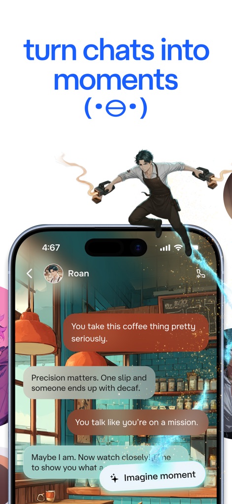 Character AI: Chat, Talk, Text - Esta captura enfatiza la capacidad de enriquecer la narrativa con la opción "Imagine moment" y un "fondo de cafetería" evocador, fomentando la co-creación de historias visuales.