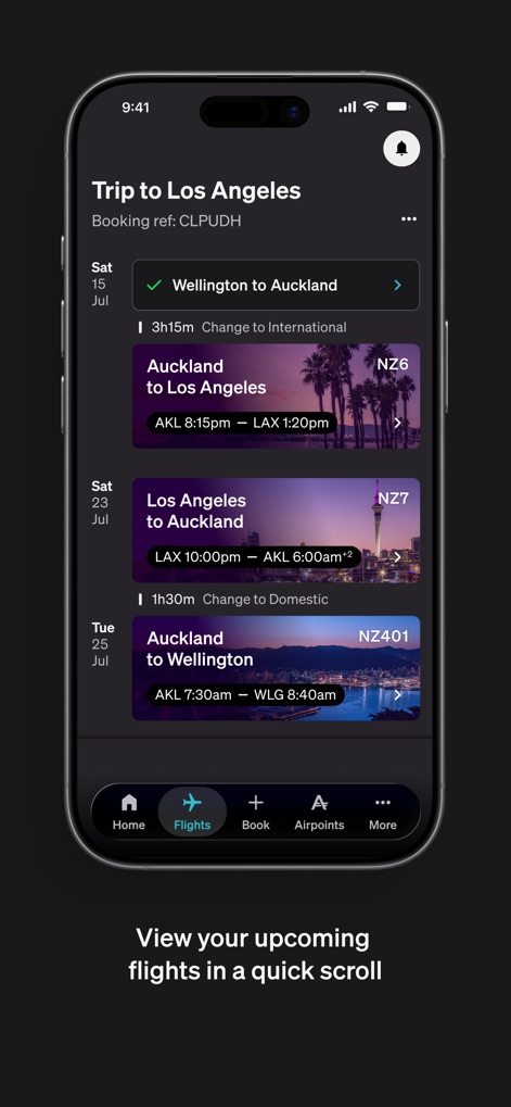 Air NZ - Explore how the app neatly organizes upcoming trips with clear flight itineraries and specific departure dates.