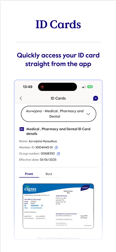 myCigna - La aplicación proporciona acceso instantáneo a las tarjetas de identificación, permitiendo ver las vistas "Front" y "Back", y mostrando detalles importantes como el "ID number" y el "Group number".