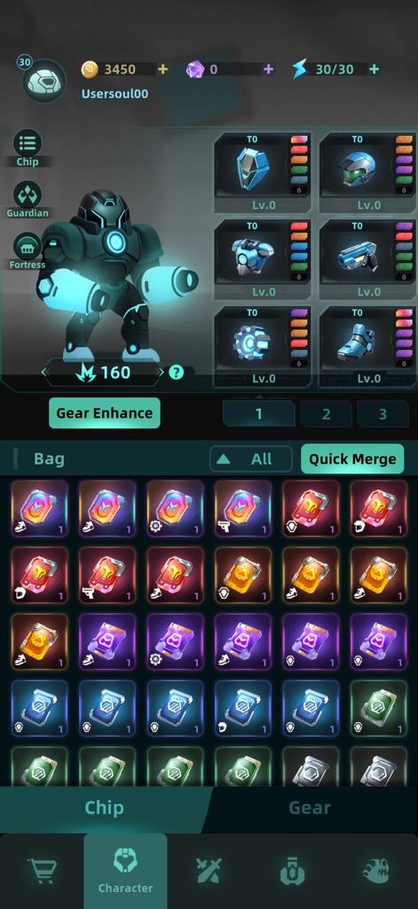 Galaxy Defense: Fortress TD - Nutzer können die Ausrüstung ihres Charakters über den "Gear Enhance"-Bildschirm anpassen und gesammelte Chips in der "Bag" verwalten.