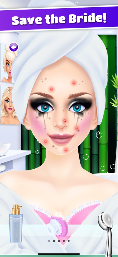 Wedding Makeover: Salon Games - See the initial challenges users face, featuring a bride needing a complete makeover with smudged makeup and skin blemishes.