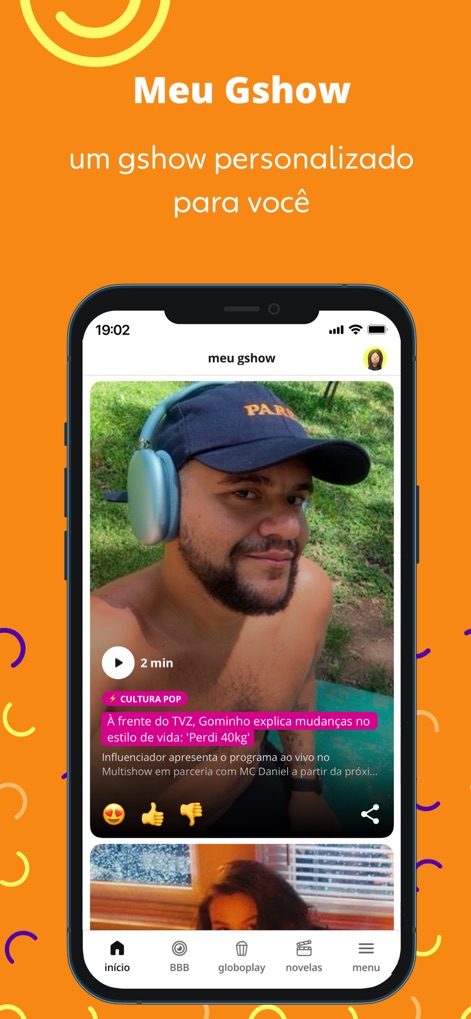 gshow: novelas, realities e + - Discover a personalized content feed ('Meu Gshow') tailored to user interests, complete with an interactive video player offering engagement options like likes and shares.