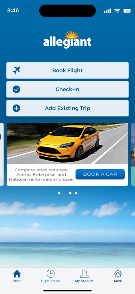 Allegiant - The app's intuitive home screen provides quick access to "Book Flight" and "Check-In" functions, alongside car rental offers.