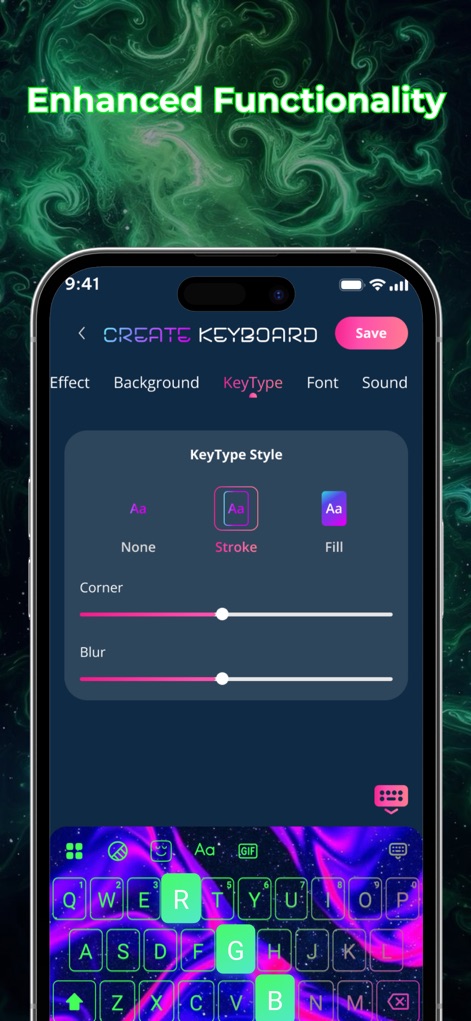 LED Keyboard - RGB Theme - Users gain enhanced functionality through detailed key type style adjustments like 'Stroke' or 'Fill', and advanced visual effects such as 'Corner' and 'Blur' sliders.
