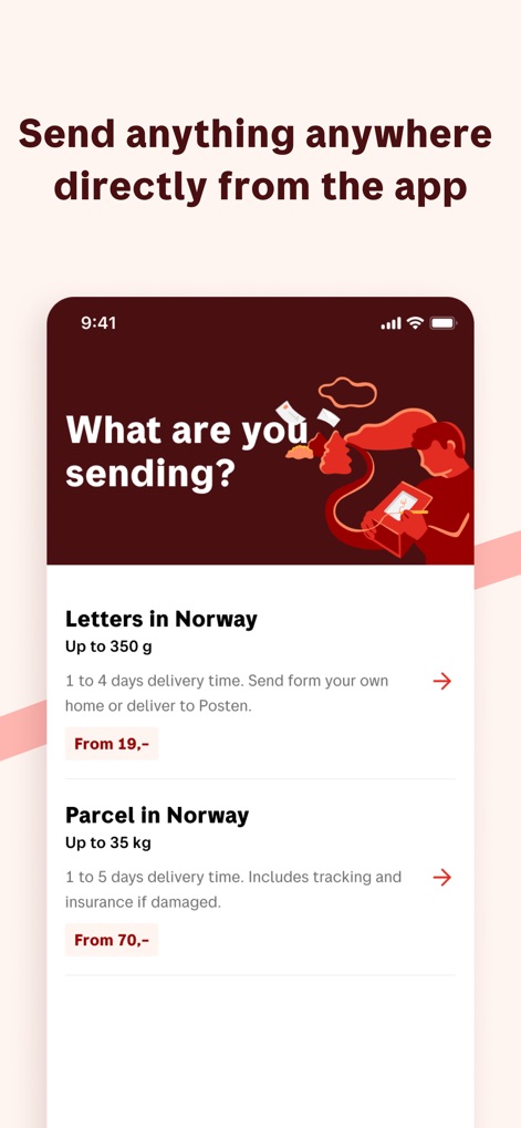 Posten - This tool streamlines shipping with direct options for 'Letters in Norway' and 'Parcel in Norway', complete with clear weight limits and delivery estimates.