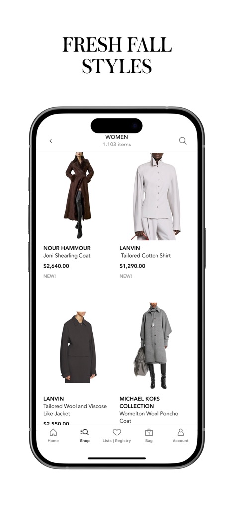 Bloomingdale's: Online Store - The app presents "FRESH FALL STYLES" with detailed product listings, showcasing elegant coats and tailored shirts for easy browsing.