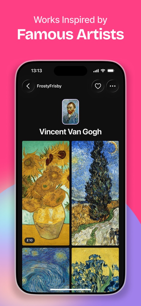 ZEDGE™ Ringtones & Wallpapers - Explore unique content inspired by 'Famous Artists', such as 'Vincent Van Gogh', showcased through a gallery of iconic artworks and a heart-shaped favorite icon.