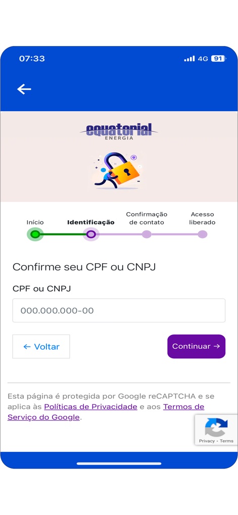 Equatorial Energia - Esta etapa de seguridad requiere la confirmación del CPF o CNPJ, mostrando un campo de entrada para los datos y un indicador de progreso de cuatro pasos.