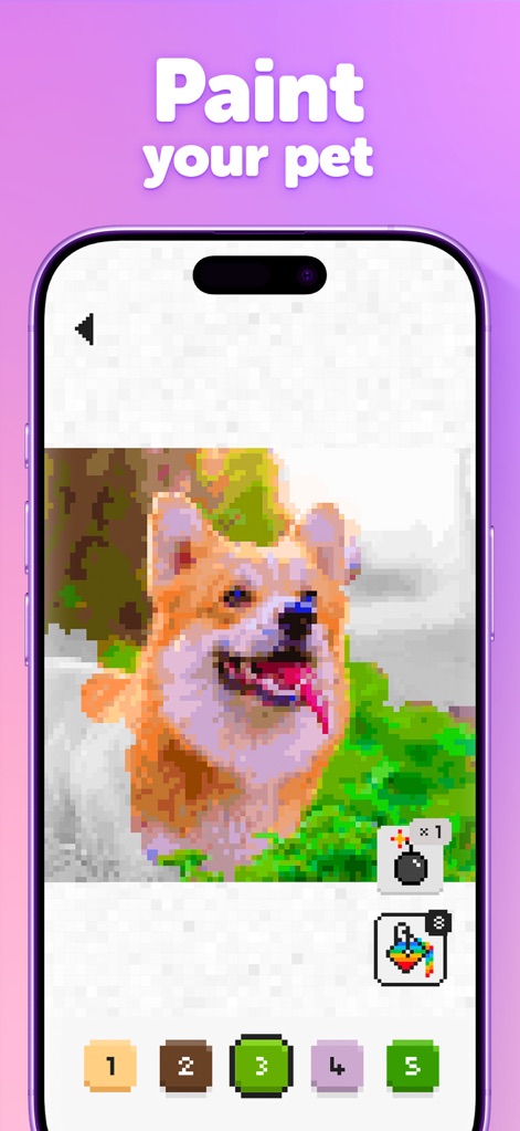 UNICORN: Color by Number Games - Diese Funktion erlaubt es, eigene Haustierfotos, wie das dargestellte Hundeportrait, in ein Pixel-Art-Format zu überführen und detailreich auszumalen.