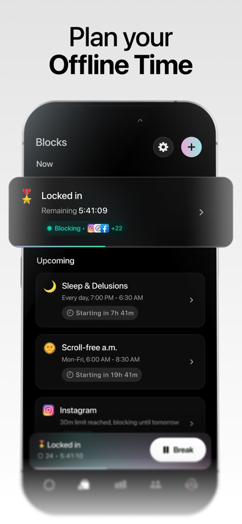 Opal: Screen Time Control - Organize your day by scheduling custom blocks like 'Sleep & Delusions' and 'Scroll-free a.m.' to proactively manage screen time.