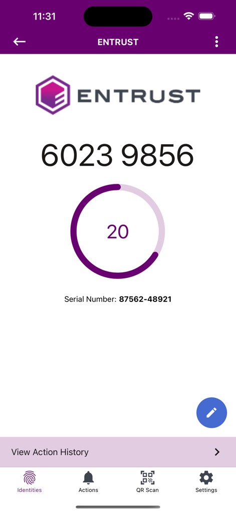 Entrust Identity - Users observe the active one-time passcode, accompanied by a dynamic countdown timer, and can easily access the 'View Action History' for audit trails.