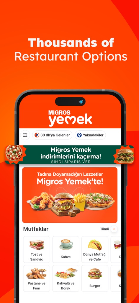Migros: Food & Groceries - Through Migros Yemek, users can browse thousands of restaurant options, with categories like "Tost ve Sandviç" and "Burger" simplifying their meal selection.