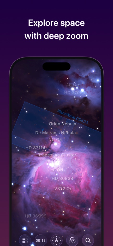 Sky Guide - La capacidad de "deep zoom" permite a los usuarios sumergirse en nebulosas, revelando detalles intrincados de la "Orion Nebula" y etiquetas precisas para cúmulos y estrellas cercanas.
