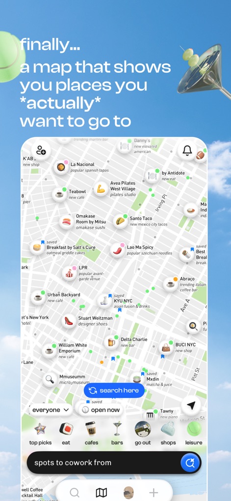 corner: curate & share places - This app tailors the map layout to individual interests, displaying curated recommendations and offering category filters like 'eat' or 'cafes' for refined browsing.